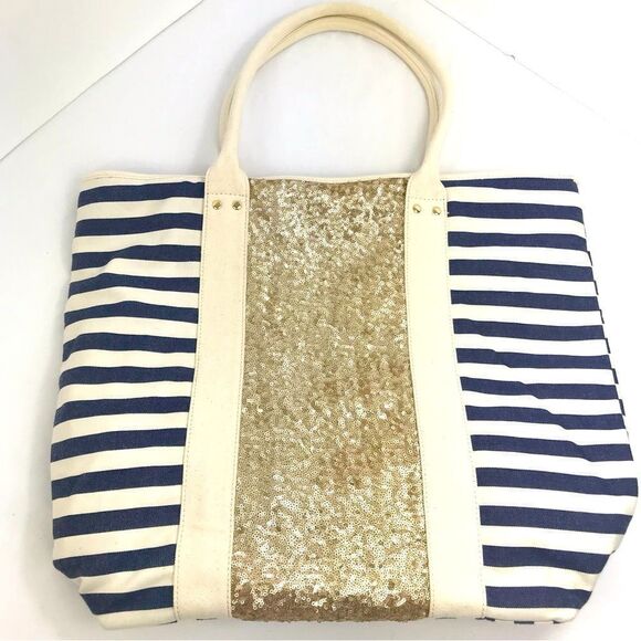Deux Lux X Everything But Water Navy Blue Gold Sequin Nautical Canvas Tote Bag - Picture 5 of 16